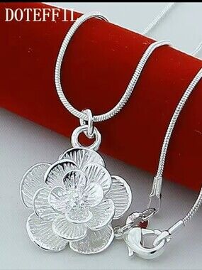 Doteffil Sterling Silver Rose Flower Necklace.